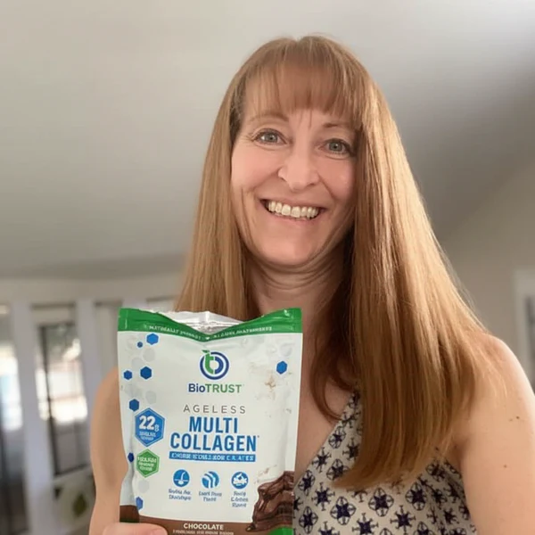 Melinda holding biotrust collagen bag